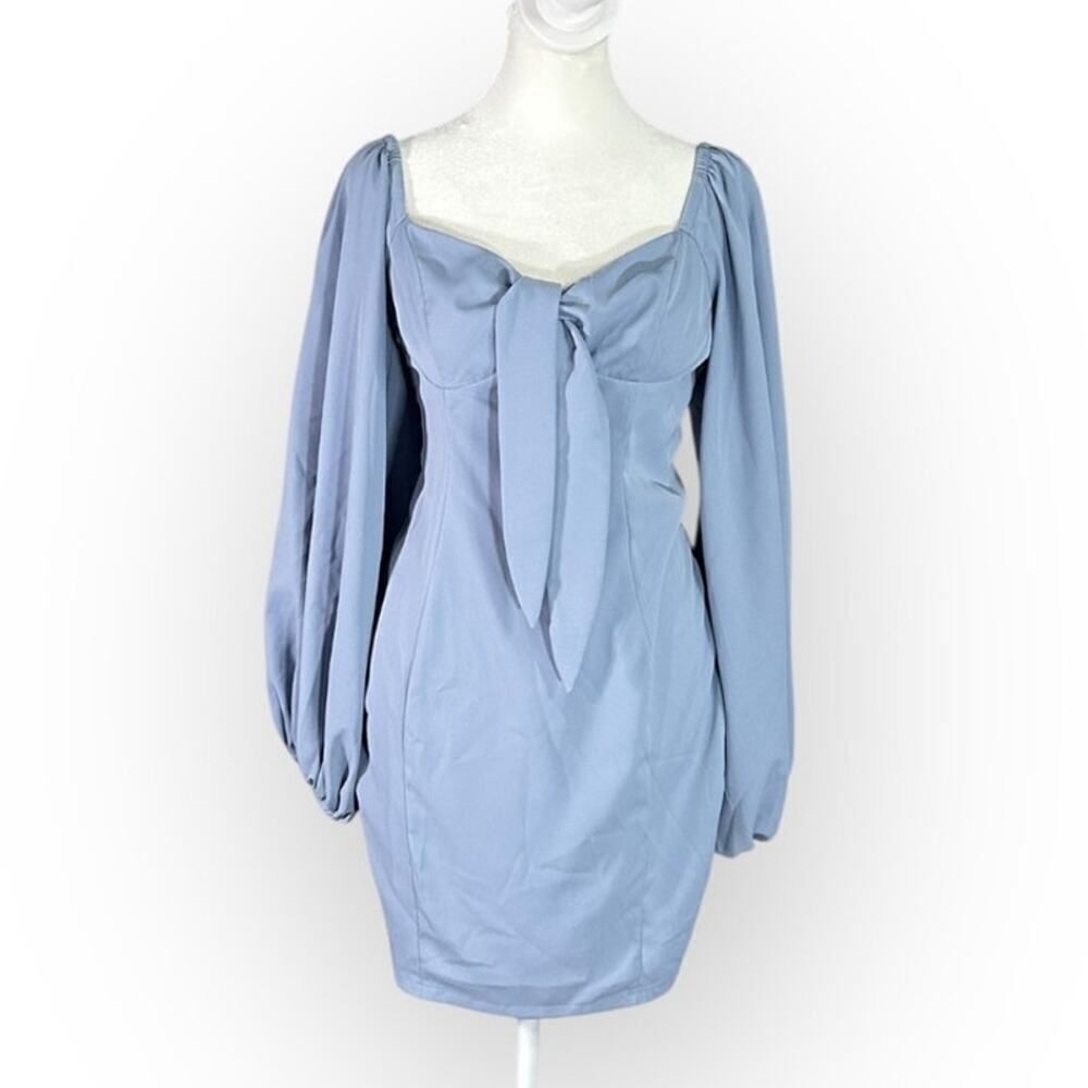 Princess Polly Mini Dress Women's 4 Blue Front Tie Smocked Balloon Long Sleeve